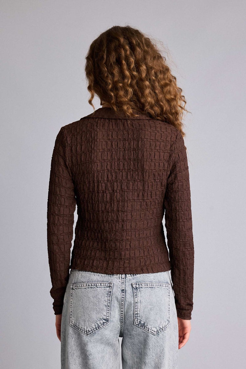 DeFacto Brown Woman Slim Fit Shirt Collar Long Sleeve Blouse Casual - Image 5