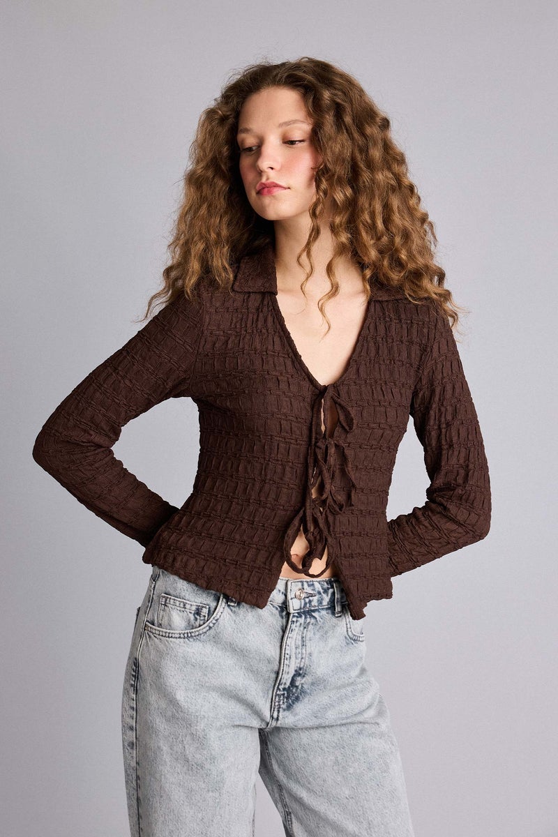 DeFacto Brown Woman Slim Fit Shirt Collar Long Sleeve Blouse Casual - Image 3