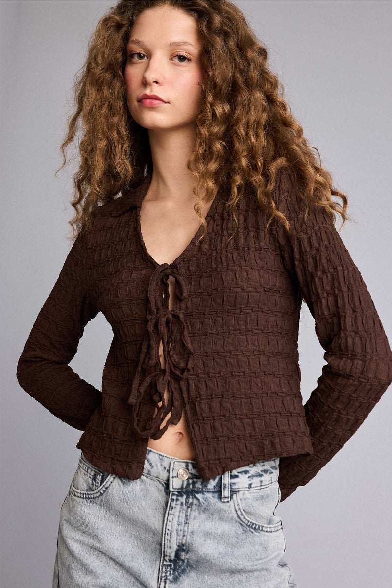 DeFacto Brown Woman Slim Fit Shirt Collar Long Sleeve Blouse Casual - Image 1