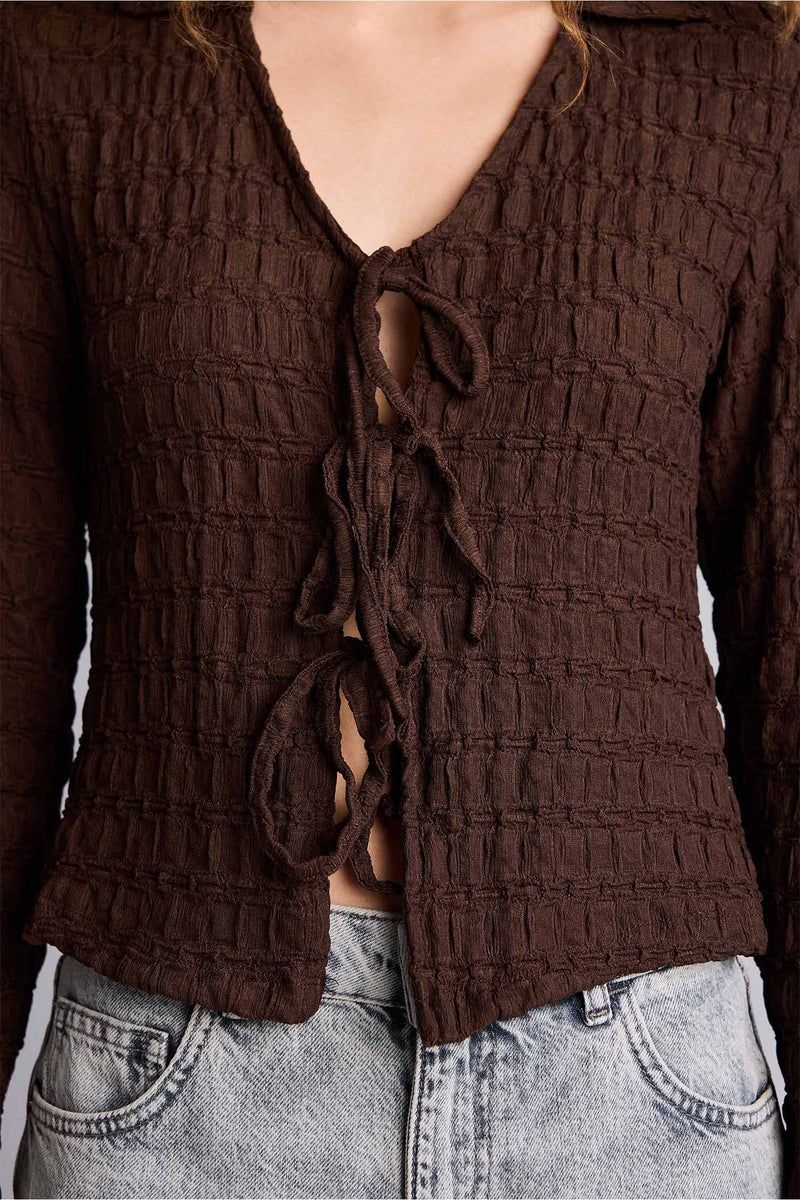 DeFacto Brown Woman Slim Fit Shirt Collar Long Sleeve Blouse Casual - Image 4