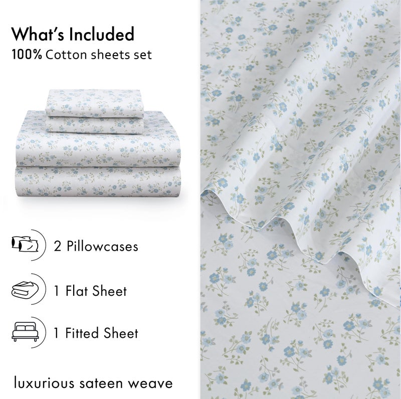RUVANTI 100% Cotton Sheets King Size Bed Set - 300 Thread Count Silky Soft Sateen Weave, Cooling, Lightweight & Breathable, 16" Deep Pocket, Durable & Luxury Satin-Like, 4 Piece, Blooming Stamp - Image 4