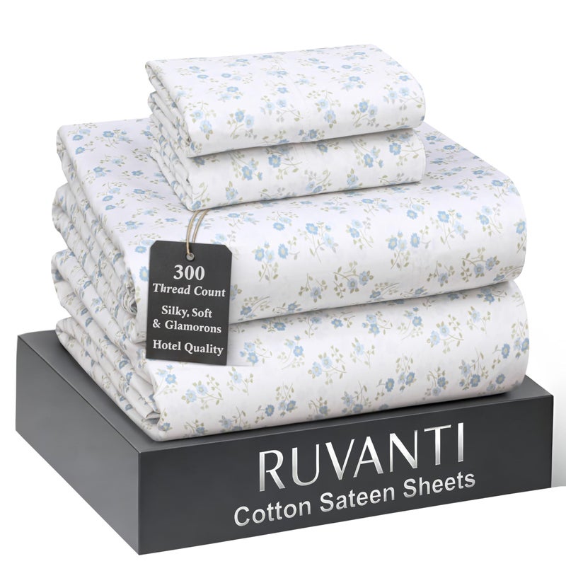 RUVANTI 100% Cotton Sheets King Size Bed Set - 300 Thread Count Silky Soft Sateen Weave, Cooling, Lightweight & Breathable, 16" Deep Pocket, Durable & Luxury Satin-Like, 4 Piece, Blooming Stamp - Image 1