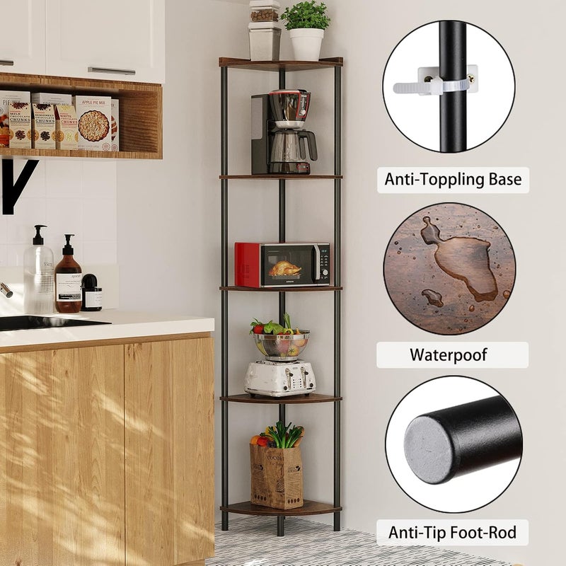 SUNMORY 5 Tier Corner Shelf Stand,Industrial 65" Corner Shelves Display Shelf for Living Room Decor,Wall Corner Bookshelf Multi Unit Organizer,Tall Shelf Plant Stand for Bedroom,Bathroom,Small Space - Image 3