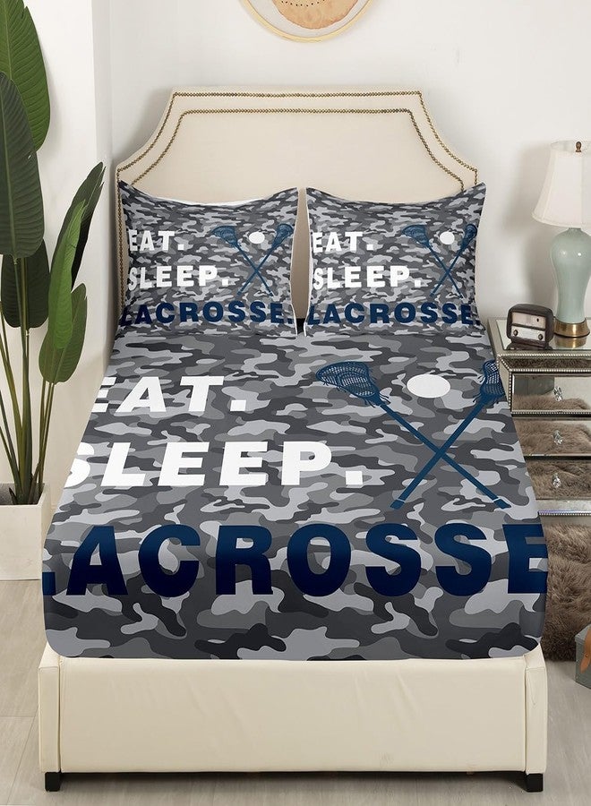 Feelyou Lacrosse Fitted Sheet Twin Size Kids Eat Sleep Bedding Set for Boys Girls Teens Camouflage Camo Bed Sheet Set Sports Theme Bed Cover Deep Pocket - Image 3