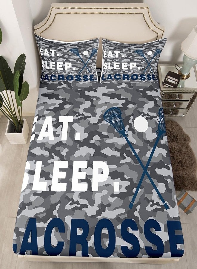 Feelyou Lacrosse Fitted Sheet Twin Size Kids Eat Sleep Bedding Set for Boys Girls Teens Camouflage Camo Bed Sheet Set Sports Theme Bed Cover Deep Pocket - Image 1