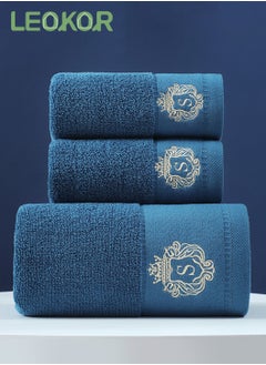 LEOKOR 3PCS Cotton Bath Towel Set Fast Absorbent Skin-friendly and Soft Bath Towel*1PCS and 2PCS Towels Blue  - Image 1