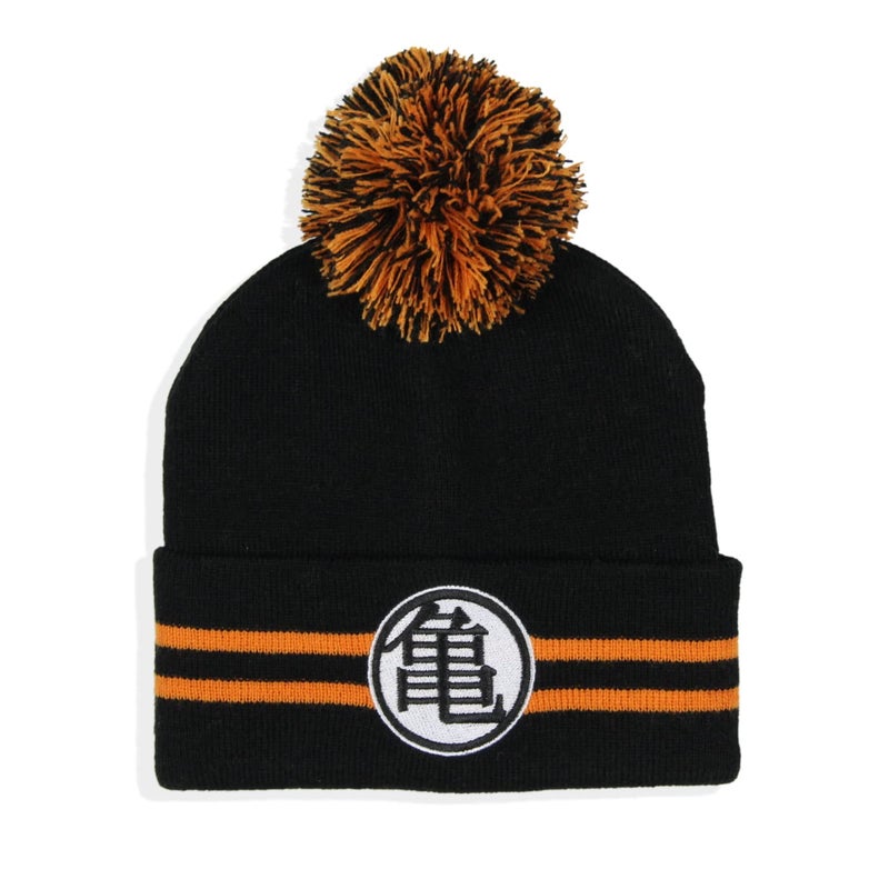 Bioworld Dragon Ball Z Anime Goku Master Roshi Turtle Hermit Logo Cuff Pom Beanie Hat Black - Image 1