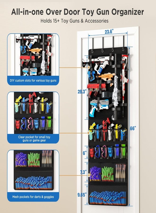 Mefirt Over the Door Organizer for Toy Guns, Toys Storage Door Hanger with Pockets and Slots for Kids Foam Blasters, Darts, Goggles, Over Door Toy Guns Storage Organizer, for Kids Rooms, Game Rooms, Black - Image 4