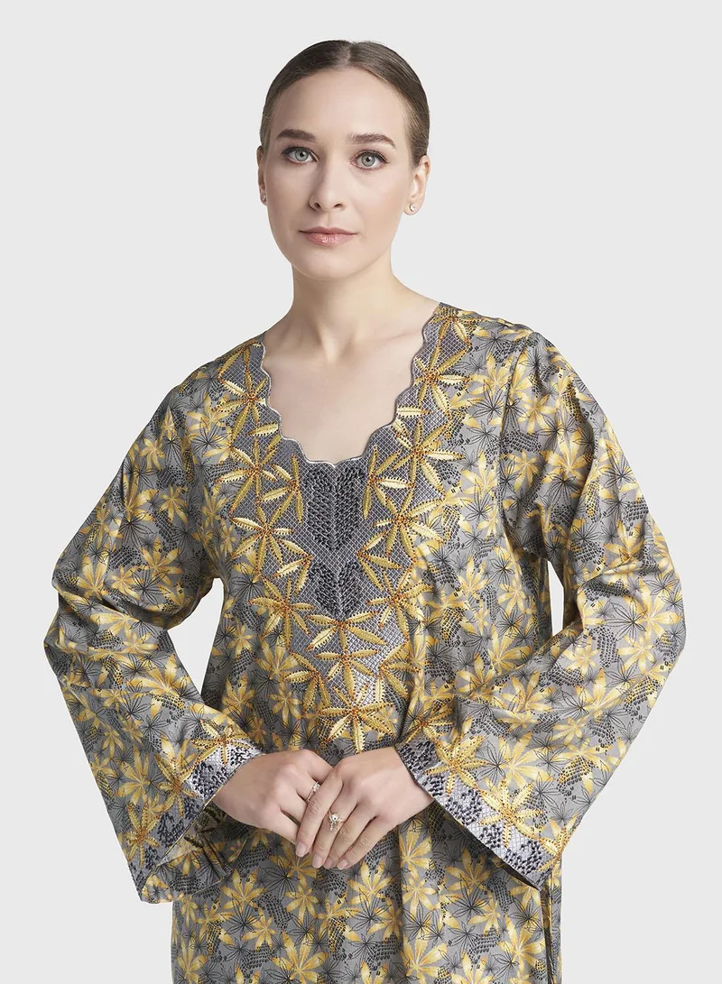 كشخة Liberty Cotton Grey Floral Print Mukhawar Jalabiya (VG3062)