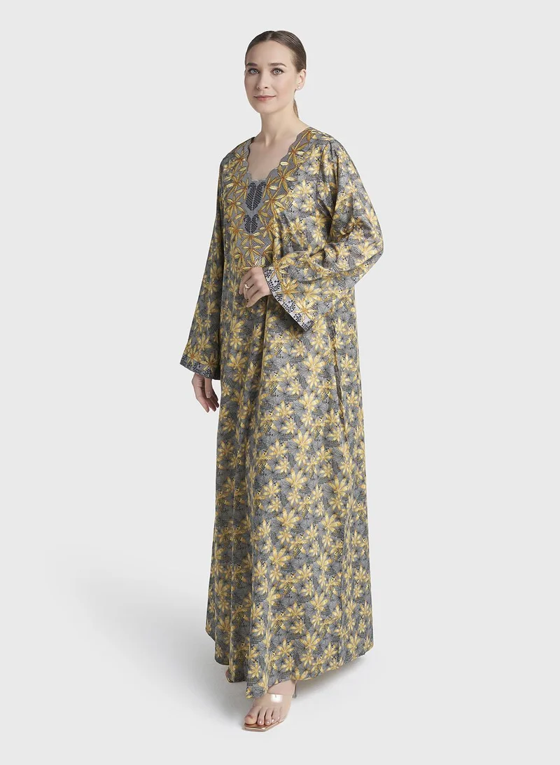 Kashkha  Liberty Cotton Grey Floral Print Mukhawar Jalabiya (VG3062) for Women | Best Price UAE