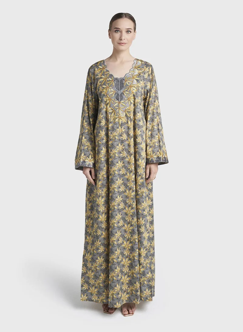 كشخة Liberty Cotton Grey Floral Print Mukhawar Jalabiya (VG3062)