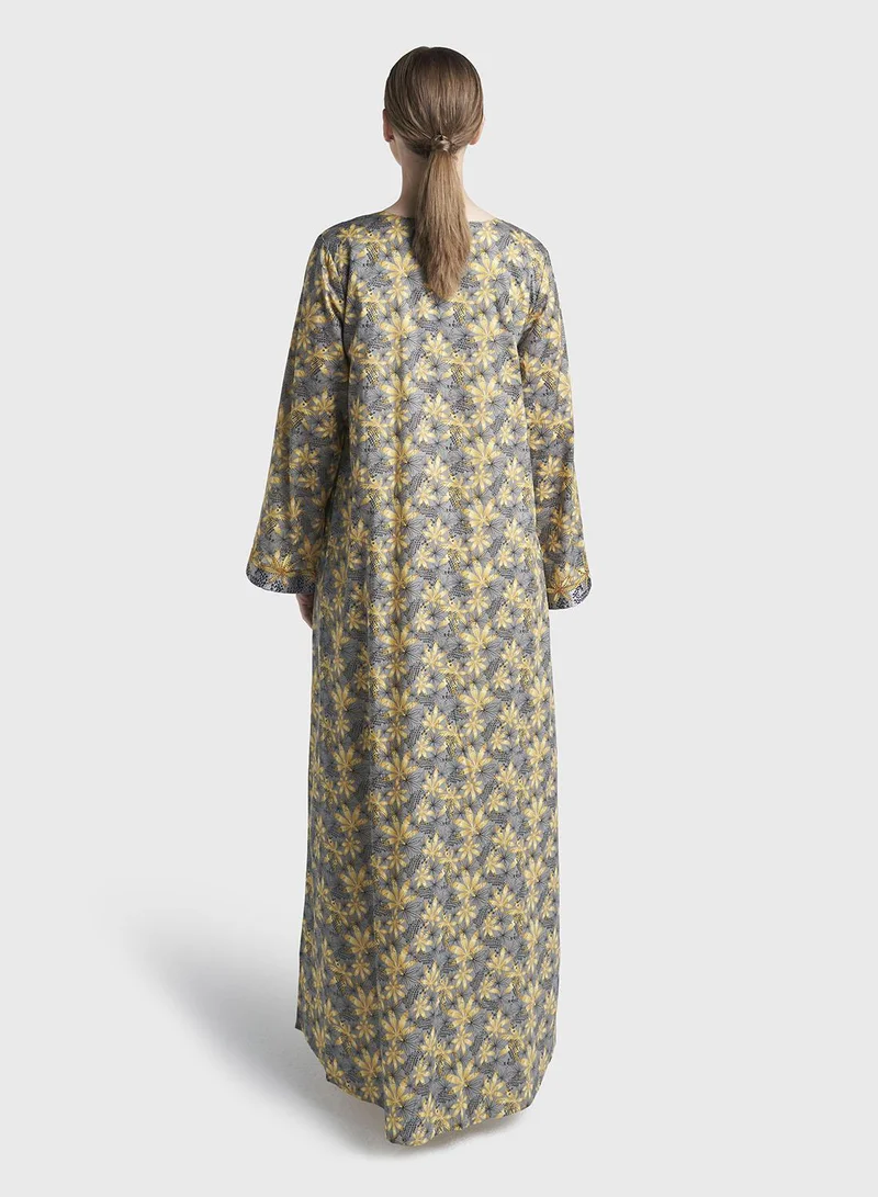 Kashkha  Liberty Cotton Grey Floral Print Mukhawar Jalabiya (VG3062) for Women | Best Price UAE