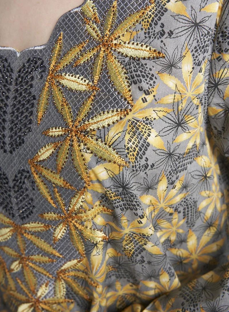 Kashkha  Liberty Cotton Grey Floral Print Mukhawar Jalabiya (VG3062) for Women | Best Price UAE