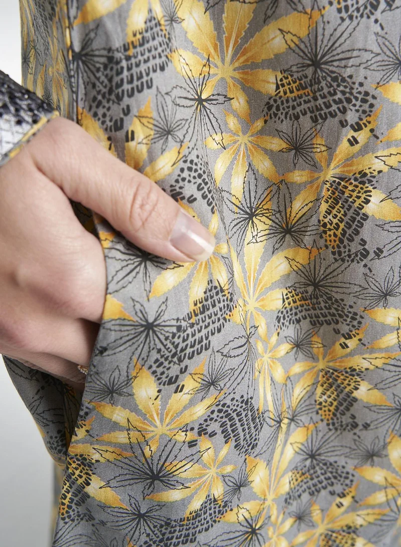 Kashkha  Liberty Cotton Grey Floral Print Mukhawar Jalabiya (VG3062) for Women | Best Price UAE