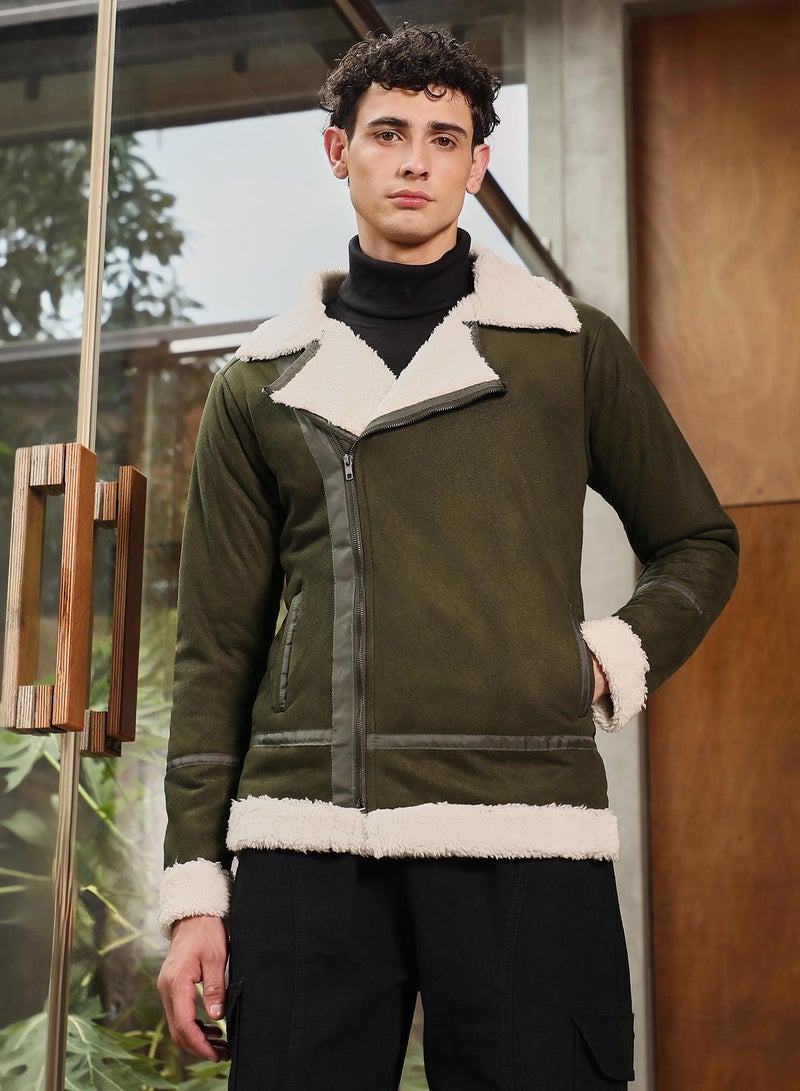 Campus Sutra Men's Seaweed Green Contrast Sherpa-Lined Suede Biker Jacket - Image 2