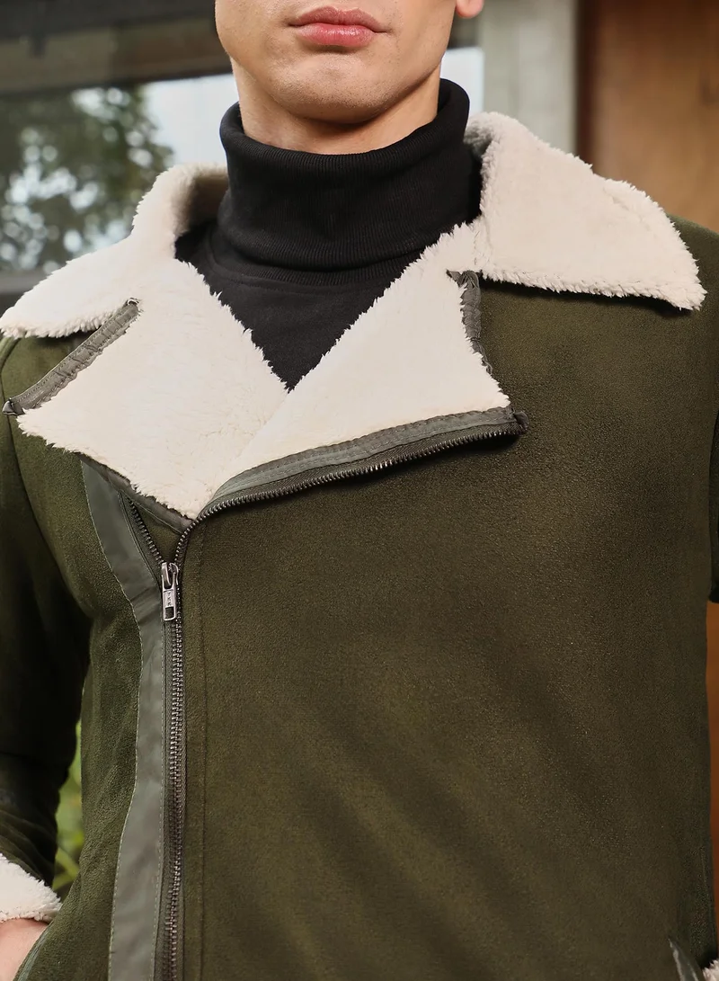 CAHOOT Green Men's Seaweed Green Contrast Sherpa-Lined Suede Biker Jacket for Men | Best Price UAE