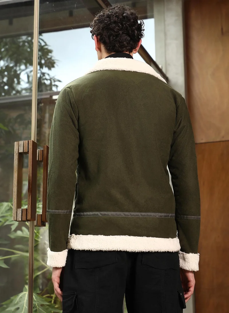CAHOOT Green Men's Seaweed Green Contrast Sherpa-Lined Suede Biker Jacket for Men | Best Price UAE