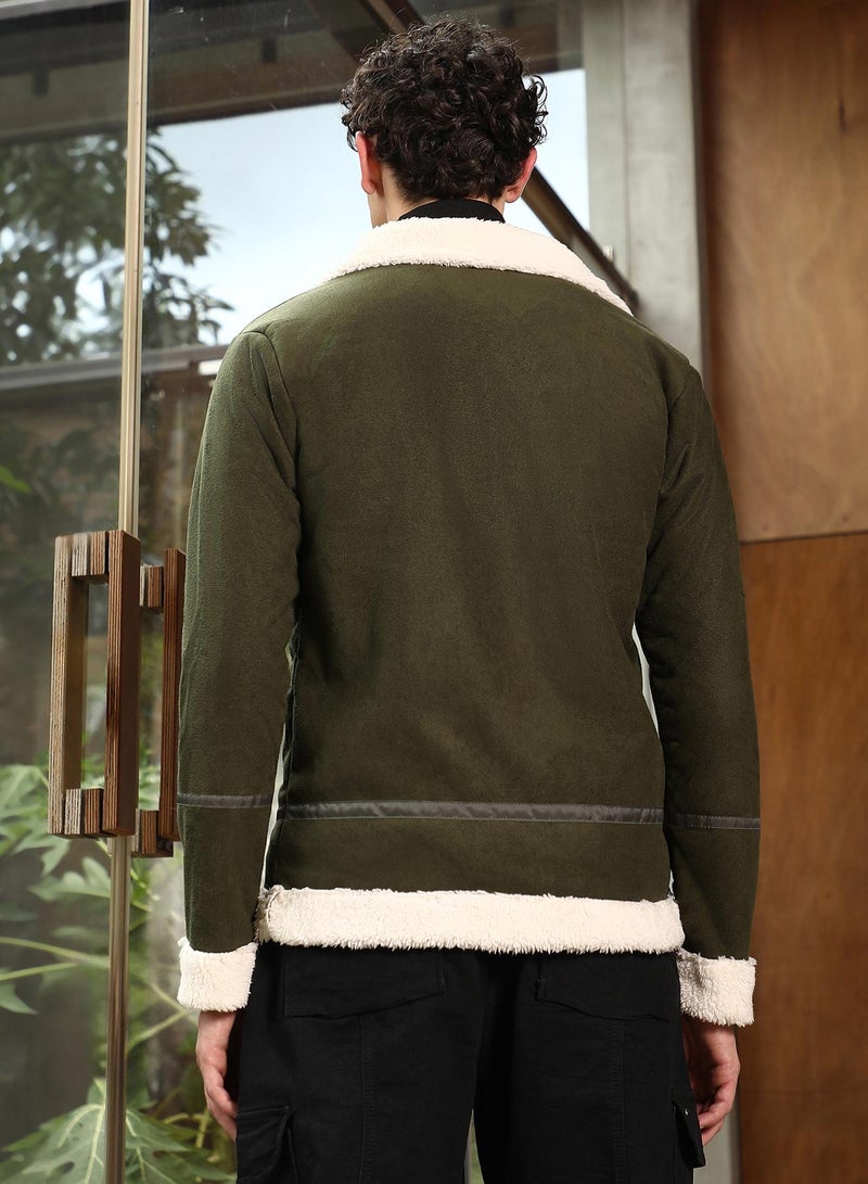 Campus Sutra Men's Seaweed Green Contrast Sherpa-Lined Suede Biker Jacket - Image 5
