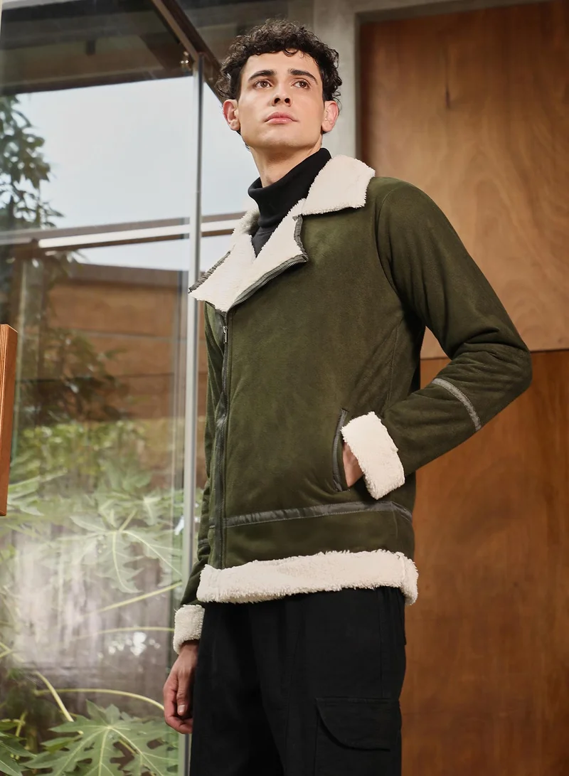 CAHOOT Green Men's Seaweed Green Contrast Sherpa-Lined Suede Biker Jacket for Men | Best Price UAE