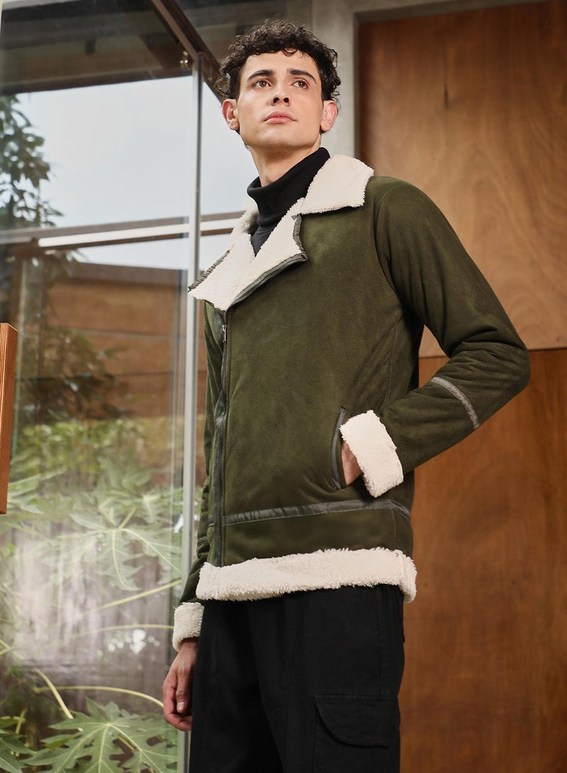 Campus Sutra Men's Seaweed Green Contrast Sherpa-Lined Suede Biker Jacket - Image 3