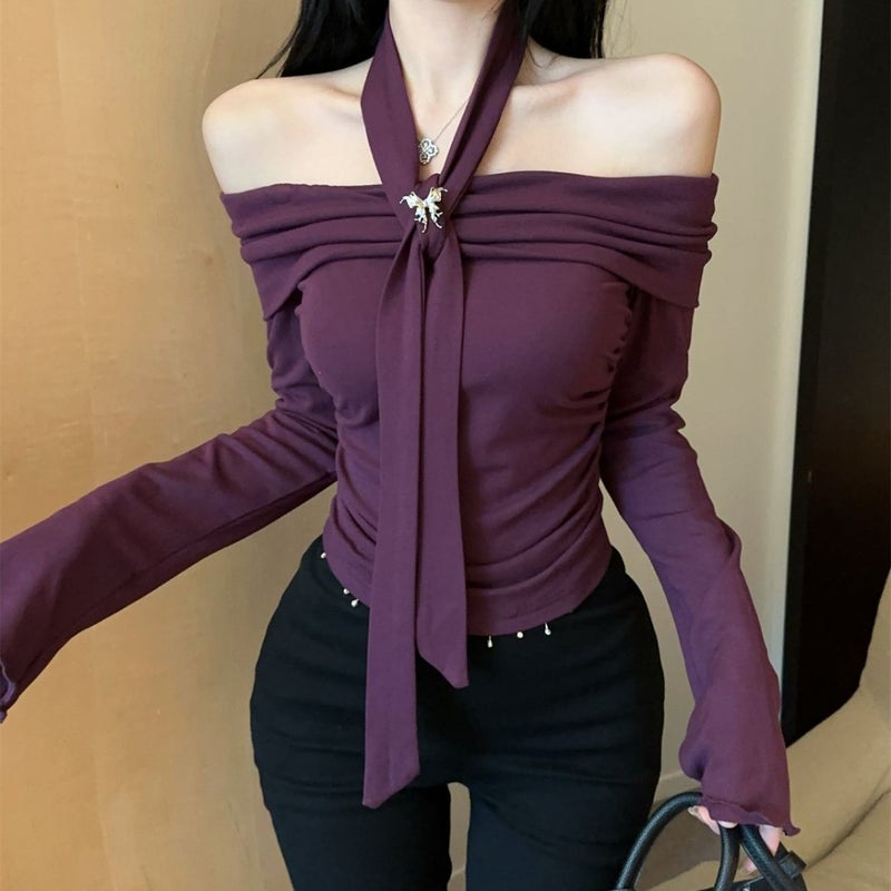 Off-Shoulder Hanging Neck Strap Butterfly Micro Horn Long Sleeve Top Chic Various Wearing Shirt - Image 2