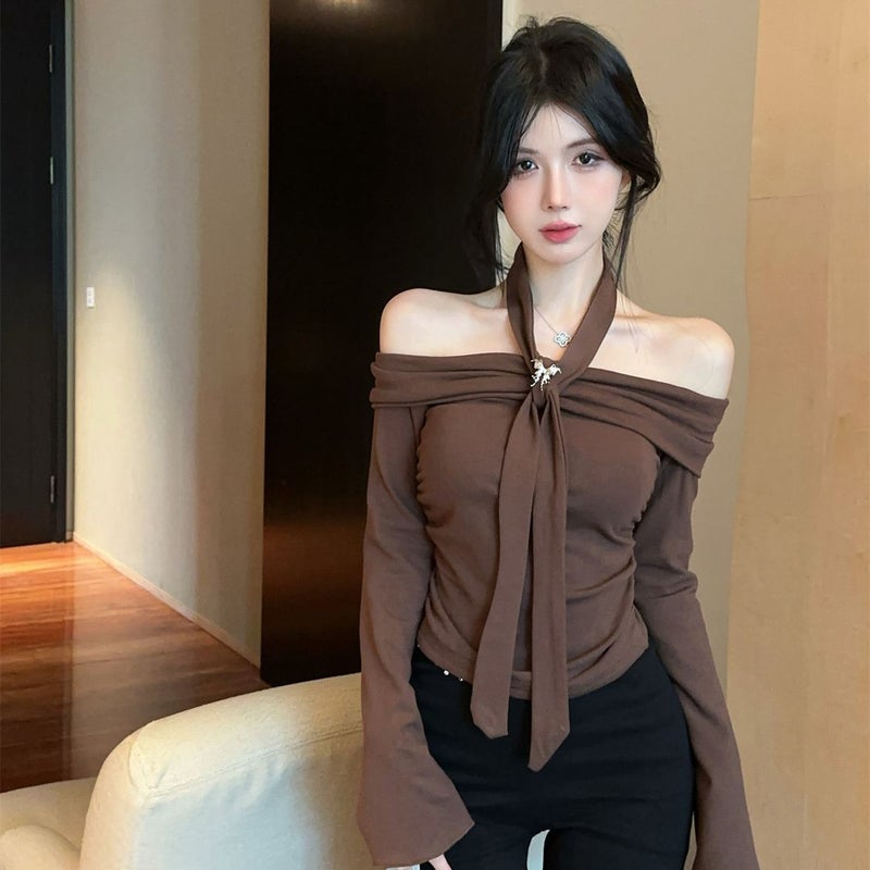 Off-Shoulder Hanging Neck Strap Butterfly Micro Horn Long Sleeve Top Chic Various Wearing Shirt - Image 1