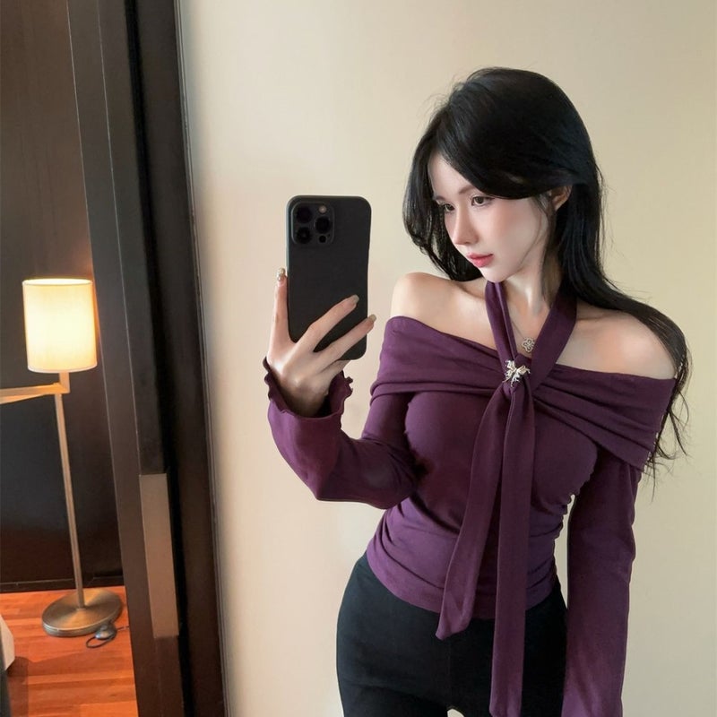 Off-Shoulder Hanging Neck Strap Butterfly Micro Horn Long Sleeve Top Chic Various Wearing Shirt - Image 3