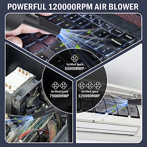 Yomile Compressed air Duster - 120000RPM 3 Speeds Electric Air Duster, 7600mAh Battery Cordless Dust Blower for Keyboard Cleaner,Rechargeable Air Blower AIC Can for Office Computers (Black, 120000RPM) - Image 2