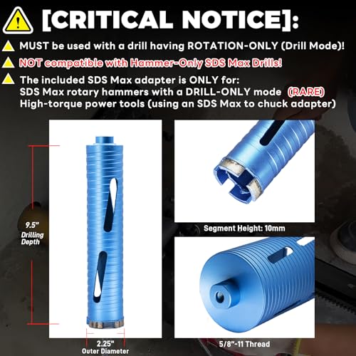 DaduoRi 2 1/4" Dry Core Drill Bit, 5/8"-11 Thread, with 3 Adapters Included: SDS Plus, SDS Max and 1/2" Hex Shank; 9.5" Drilling Depth Diamond Core Bits for Brick, Block, Concrete, Stucco and Masonry - Image 2