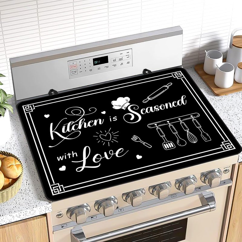 BZFJZG Black Stove Cover Kitchen is Seasoned with Love Heat Resistant Glass Top Stove Cover Protector 28x20 inch Cooktop Cover for Kitchen Ceramic Stove Top Dish Drying Mats - Image 2