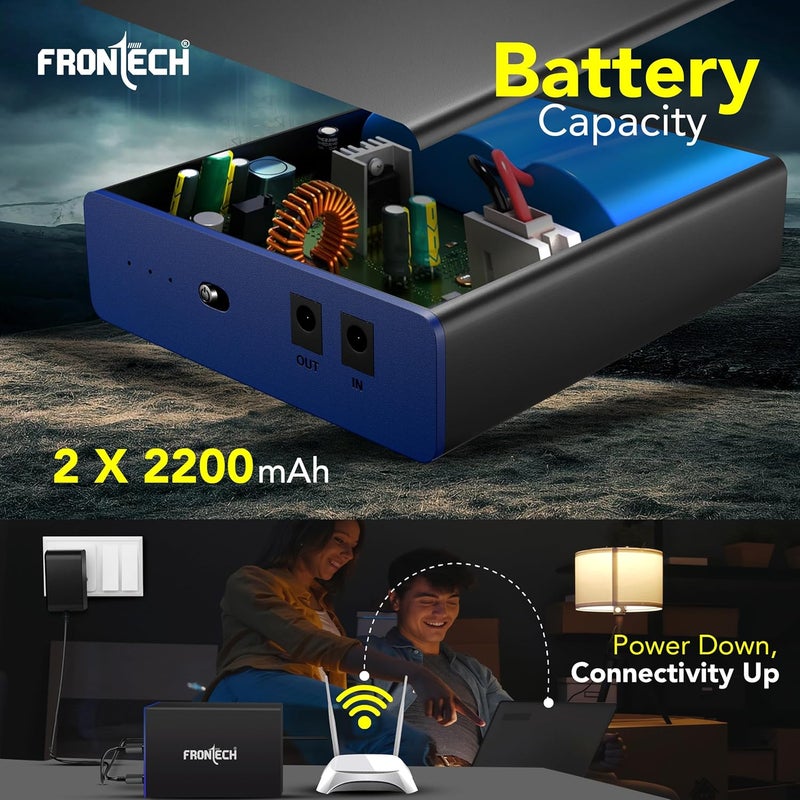 FRONTECH بطارية احتياطية صغيرة UPS – 2×2200 مللي أمبير (4400 مللي أمبير)، جهد 12 فولت DC منظم، حماية مدمجة من الارتفاعات، حتى 3.5 ساعات احتياطي للموجهات، كاميرات CCTV وصناديق الاستقبال (UPS-0022) - Image 2