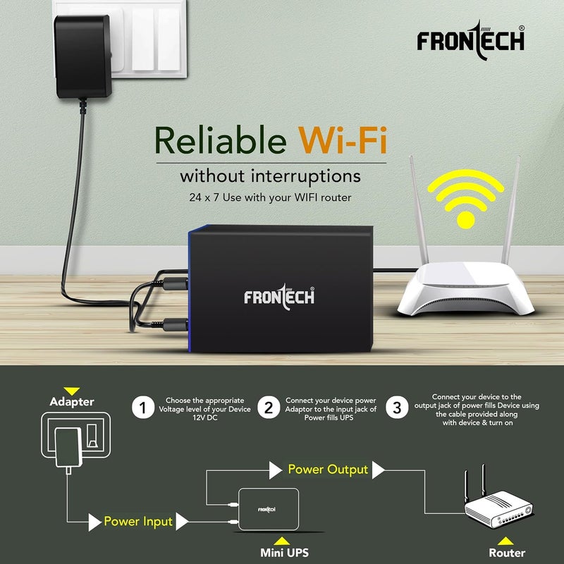 FRONTECH بطارية احتياطية صغيرة UPS – 2×2200 مللي أمبير (4400 مللي أمبير)، جهد 12 فولت DC منظم، حماية مدمجة من الارتفاعات، حتى 3.5 ساعات احتياطي للموجهات، كاميرات CCTV وصناديق الاستقبال (UPS-0022) - Image 4