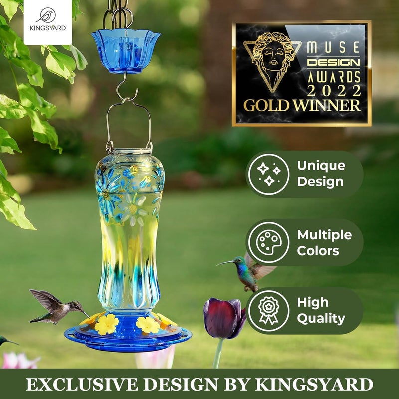 Kingsyard مغذي طيور الطنان من Kingsyard للتعليق في الهواء الطلق، سعة 25 أونصة، مغذي رحيق طيور الطنان الزجاجي مع خندق النمل و 6 منافذ تغذية، مقاوم للتسرب، باللون الأزرق - Image 2