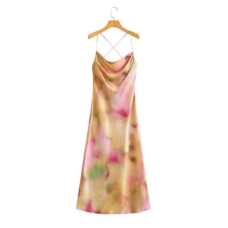 Silk Satin Tie-Dye Slip Dress Backless Beach Maxi for Women Picture Color 