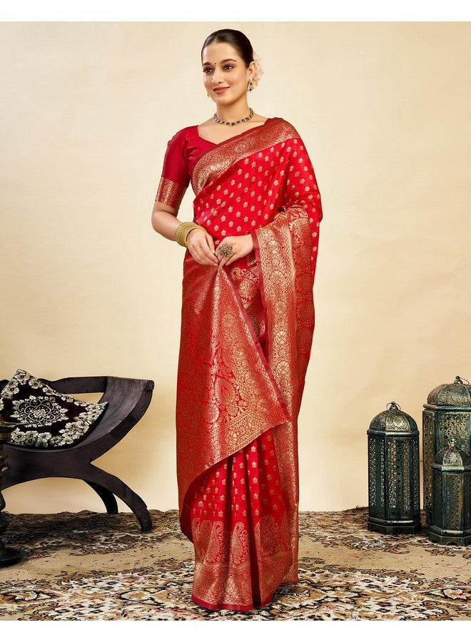 SIRIL Women's Jacquard Kanjivaram Soft Silk Saree Pure Silk Banarasi Saree With Unstitched Blouse Piece (4076S703_Dark Red) - Image 4