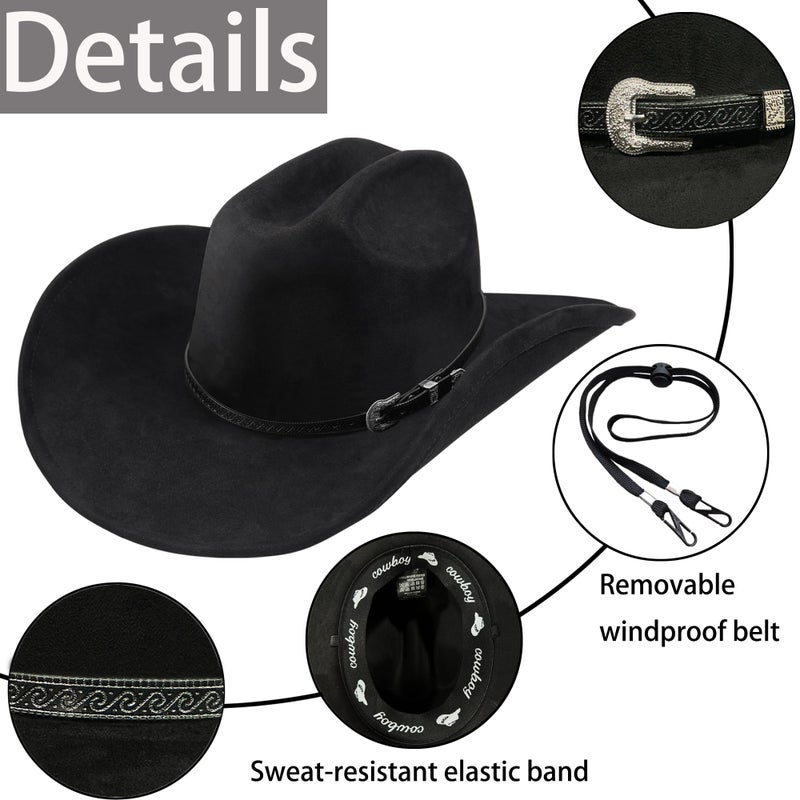 Foeran Western Cowboy Hat for Men Women,Shapeable Wide Brim Felt Fedora Classic Cowgirl Hats for Cowboys and Cowgirls,with bolo tie(US, Alpha, Large, X-Large, Black-A) - Image 2
