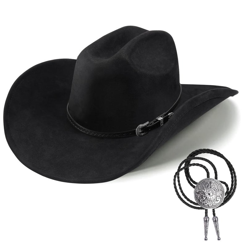 Foeran Western Cowboy Hat for Men Women,Shapeable Wide Brim Felt Fedora Classic Cowgirl Hats for Cowboys and Cowgirls,with bolo tie(US, Alpha, Large, X-Large, Black-A) - Image 1