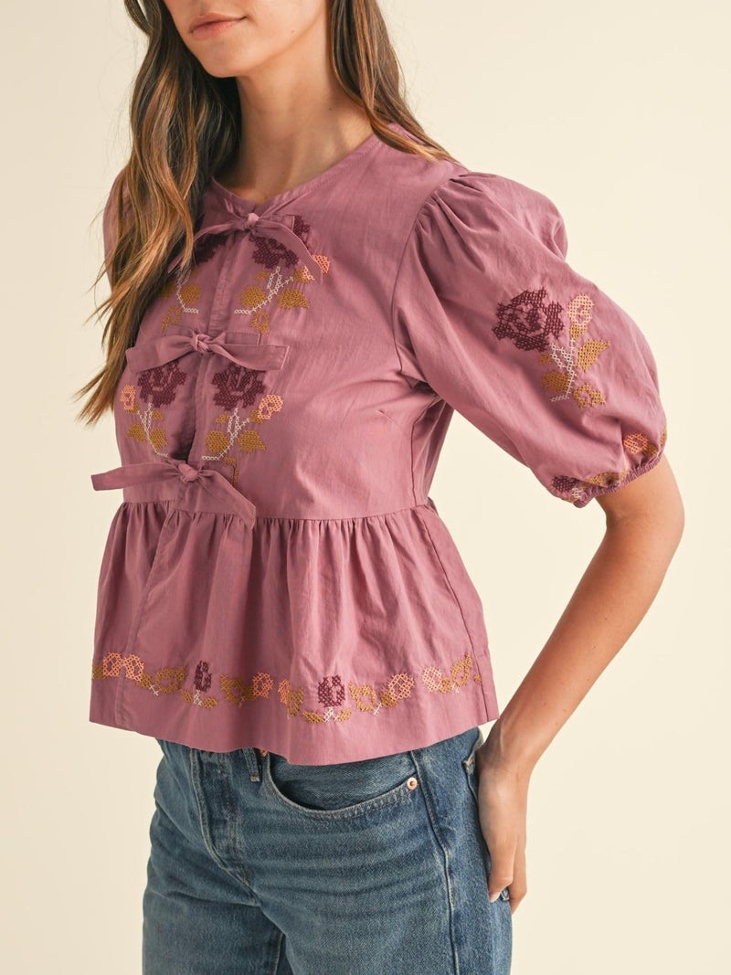 Joiemont Womens Short Puff Sleeve Floral Embroidery Poplin Front Self Tie Detail Peplum Top Blouse(0651-Pink-L) - Image 3