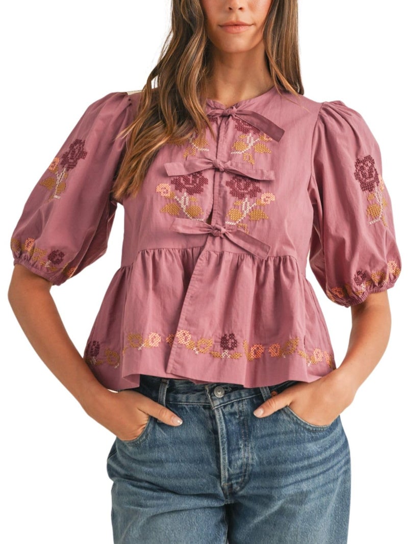 Joiemont Womens Short Puff Sleeve Floral Embroidery Poplin Front Self Tie Detail Peplum Top Blouse(0651-Pink-L) - Image 1