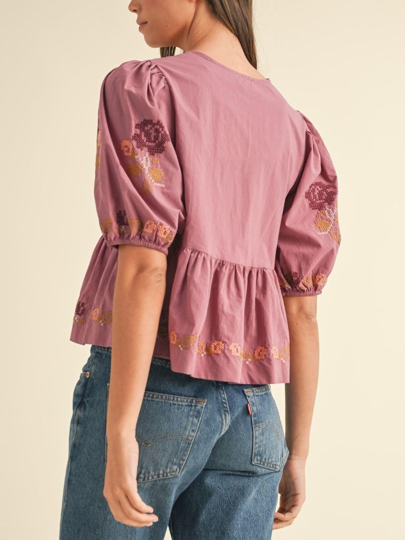 Joiemont Womens Short Puff Sleeve Floral Embroidery Poplin Front Self Tie Detail Peplum Top Blouse(0651-Pink-L) - Image 2