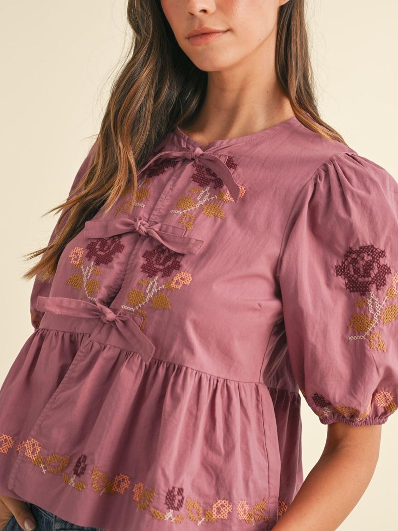 Joiemont Womens Short Puff Sleeve Floral Embroidery Poplin Front Self Tie Detail Peplum Top Blouse(0651-Pink-L) - Image 4