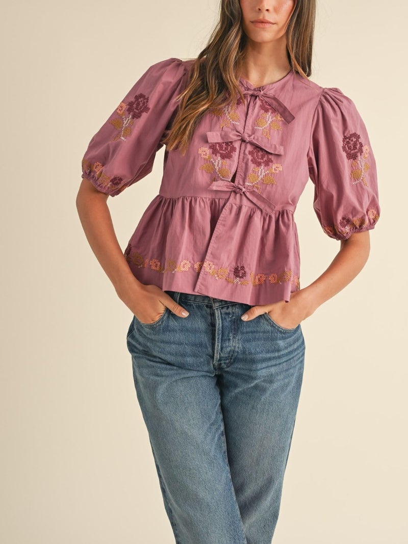 Joiemont Womens Short Puff Sleeve Floral Embroidery Poplin Front Self Tie Detail Peplum Top Blouse(0651-Pink-L) - Image 5