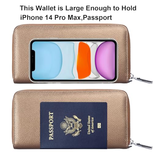 Lavemi Women's RFID Blocking 100% Leather Large Capacity Zip Around Wallet Phone Holder Clutch Travel Purse Wristlet(Large Size Pebbled Brown Gold) - Image 5