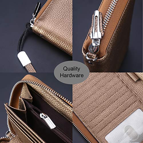 Lavemi Women's RFID Blocking 100% Leather Large Capacity Zip Around Wallet Phone Holder Clutch Travel Purse Wristlet(Large Size Pebbled Brown Gold) - Image 4