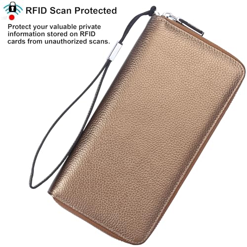 Lavemi Women's RFID Blocking 100% Leather Large Capacity Zip Around Wallet Phone Holder Clutch Travel Purse Wristlet(Large Size Pebbled Brown Gold) - Image 2