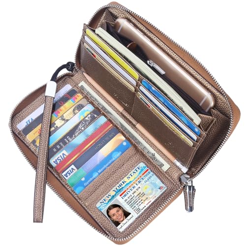 Lavemi Women's RFID Blocking 100% Leather Large Capacity Zip Around Wallet Phone Holder Clutch Travel Purse Wristlet(Large Size Pebbled Brown Gold) - Image 1