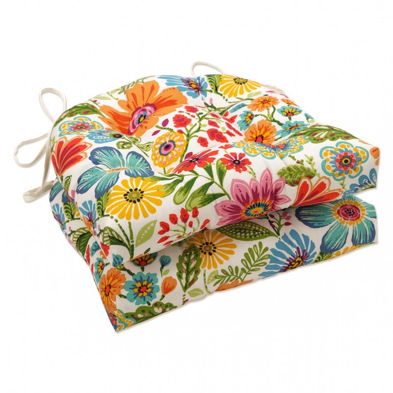 Pillow Perfect Bright Floral Indoor/Outdoor Tufted Wicker Chair Pad with Ties, 15.5" x 16", 2 Count, Blue/Purple Gregoire - Image 1