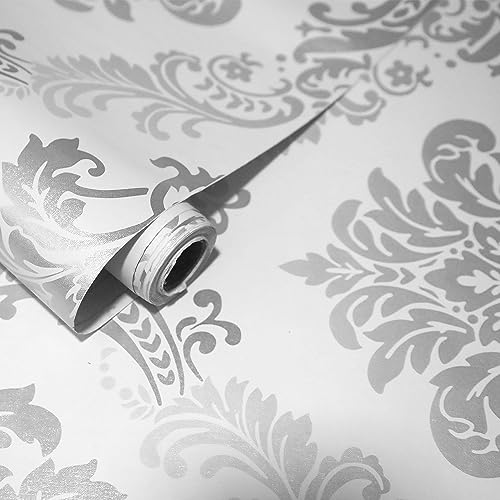 doodad Self Adhesive Wallpaper|45cm x 1000cm, Covers 48 sq. ft | Silver Wallpaper for Bedroom & Living Room | Damask PVC Wallpaper Waterproof Wall Stickers for Walls|Peel & Stick, Removable - Image 1