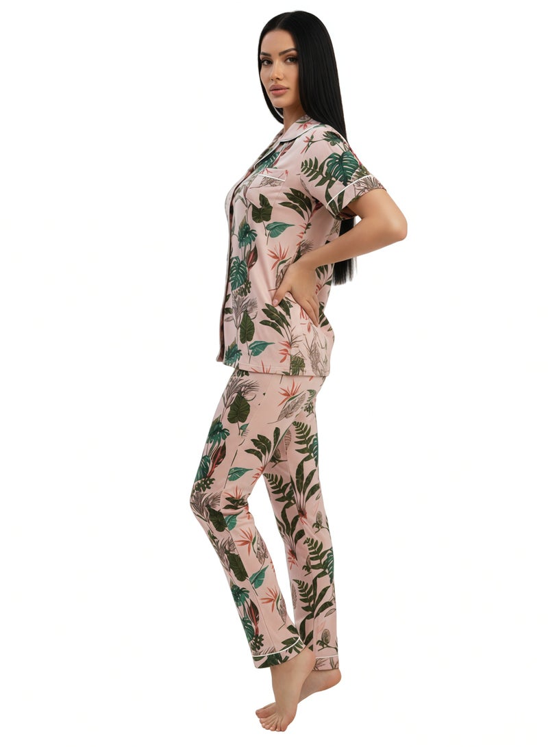 جوانا طقم بيجاما نسائي بتصميم أوراق، قميص بأزرار نصف كم وبنطال طويل - وردي فاتح - مقاس XXL - Image 5