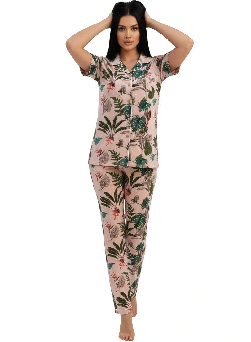 جوانا طقم بيجاما نسائي بتصميم أوراق، قميص بأزرار نصف كم وبنطال طويل - وردي فاتح - مقاس XXL - Image 3
